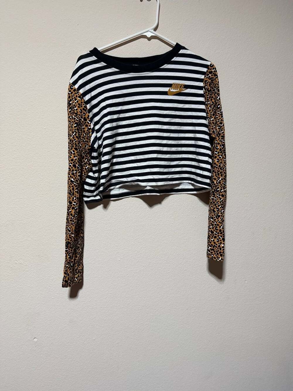 Nike Sportswear Women's Mixed Media Striped and Leopard Print Crop Long Sleeve T